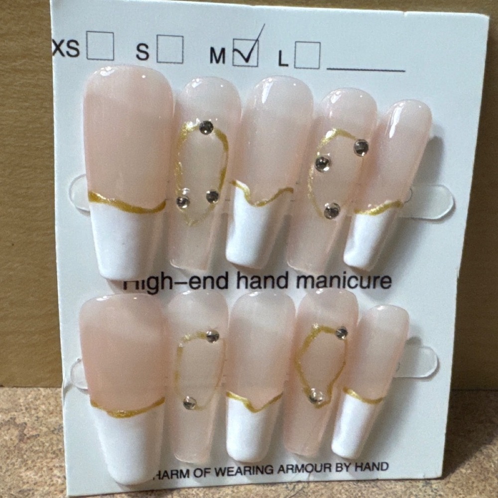 Press On Nails‎ Long Coffin White Gold French Tip Rhinestone Size M 10pc